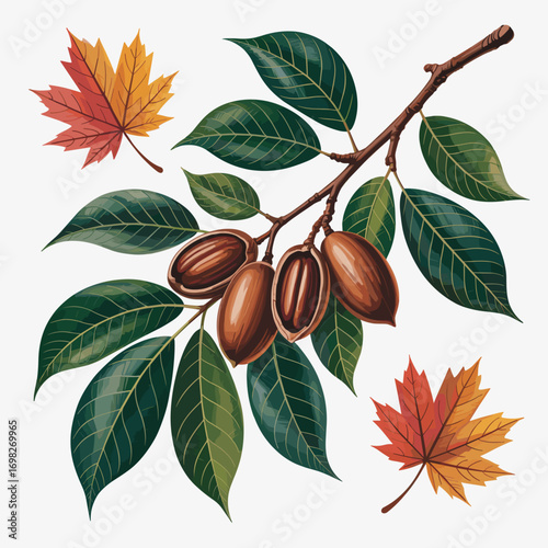 Botanical Illustration of Pecan Branch with Maple Leves