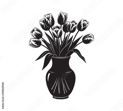 Flowers in a vase depicted in a black silhouette, isolated on a white background in vector form. A lovely bouquet of tulips for interior styling. An awesome birthday gift!