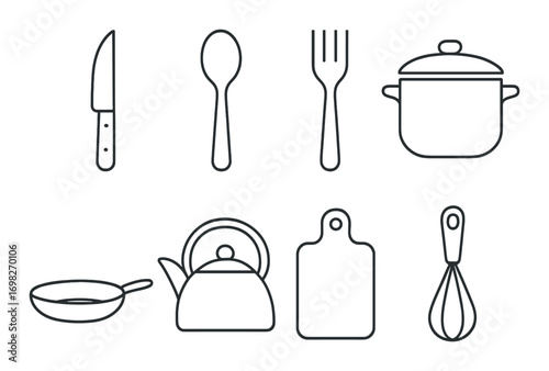 Outline of kitchen utensils: knife, spoon, fork, pot, pan, teapot, cutting board, whisk