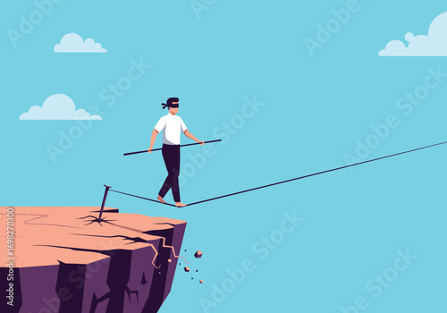 Person wearing blindfold walks on tightrope high above cliff edge with balancing pole