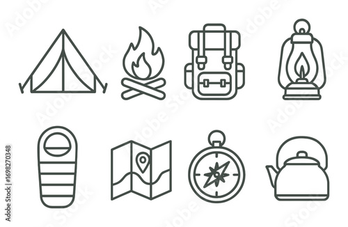 Camping essentials: tent, fire, backpack, lantern, sleeping bag, map, compass, kettle icons