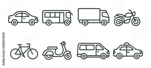 Vehicle icons: car, bus, truck, motorcycle, bicycle, scooter, van, taxi on black background