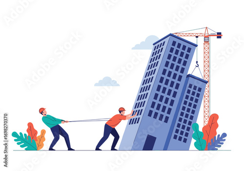 Teamwork and effort used to build a tall skyscraper on a white background showing construction and collaboration