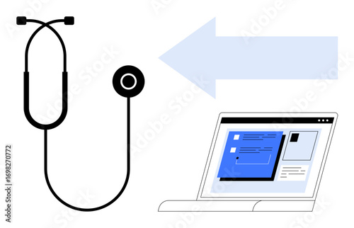 Stethoscope next to laptop with medical interface, symbolizing digital healthcare. Ideal for telemedicine, health data, online diagnostics, remote consultation, patient care, e-health, simple flat