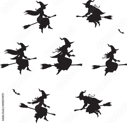 Flying Witches Silhouettes on White Background broom