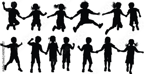 Children holding hands silhouette, kids jumping, outdoor fun, happy childhood play, summer activity, boys and girls, friendship, joy, movement, freedom