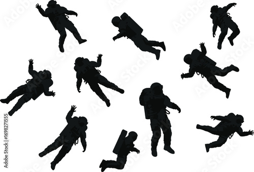 Silhouettes of astronauts floating in space, zero gravity vector illustration, outer space exploration concept, isolated black spaceman figures collection