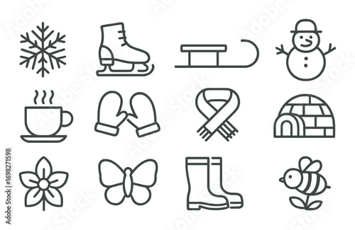 Winter icons: snowflake, skates, sled, snowman, mug, mittens, scarf, igloo, flower, butterfly, boots, bee