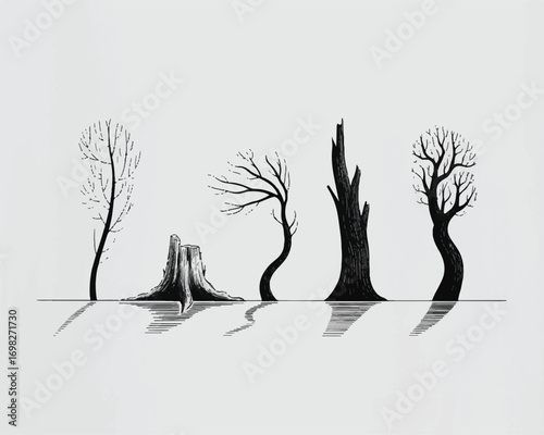 Silhouette Illustration of Trees and Tree Stumps on White Background for Ecological Concepts