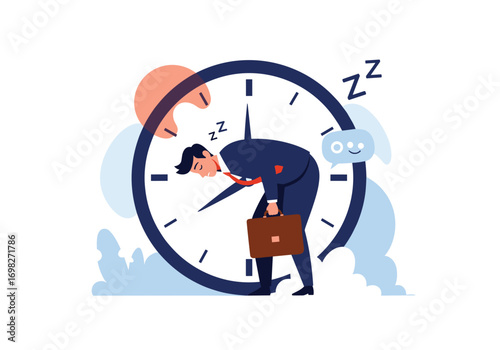 Exhausted businessman asleep at his desk near a giant clock overwhelmed by workload