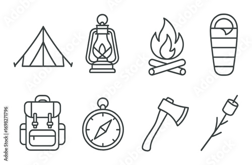 Camping icons set featuring tent lantern fire sleeping bag backpack compass axe marshmallow