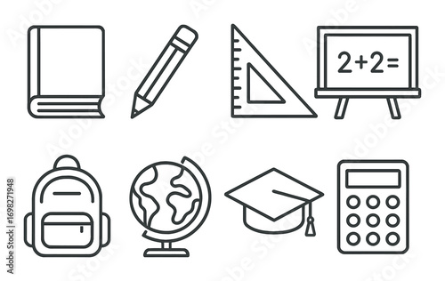 Educational icons: book, pencil, ruler, backpack, globe, calculator, blackboard, graduation cap