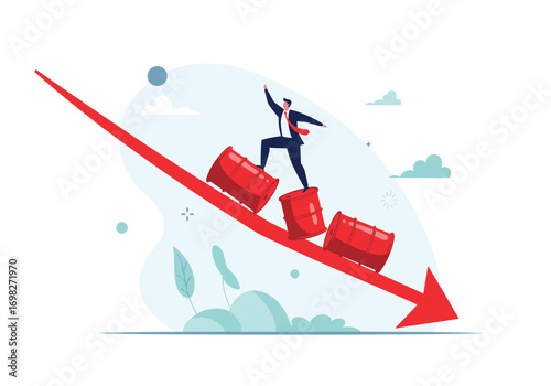 Businessman standing on barrels rolling down a steep red arrow indicating a market crash and economic downturn with negative trend