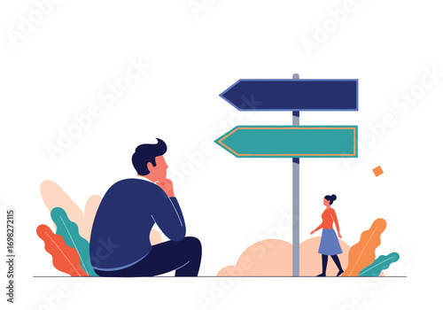 A person ponders important decisions at a crossroads with multiple paths forward