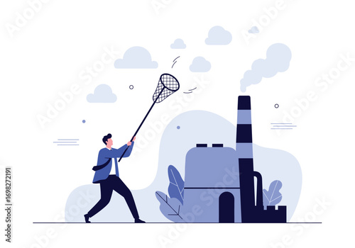 Businessman trying to capture pollution coming out of a factory chimney with a net illustrating environmental cleanup efforts