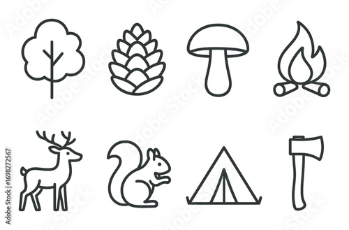 Nature symbols: tree, pinecone, mushroom, campfire, deer, squirrel, tent, axe