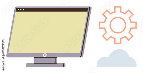 Desktop monitor with blank screen alongside an orange gear and blue cloud icon. Ideal for technology, cloud computing, system management, software integration, innovation, technical support, digital