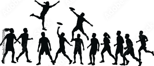 Frisbee silhouette, group playing, outdoor activity, running people, jumping catch, black shadow, sport action, fitness lifestyle, throwing motion, healthy fun