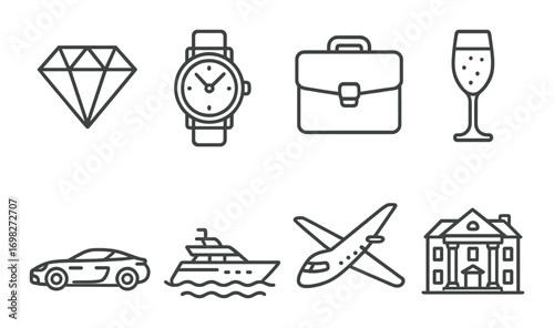 Luxury icons collection: diamond, watch, briefcase, wine glass, car, yacht, airplane, mansion