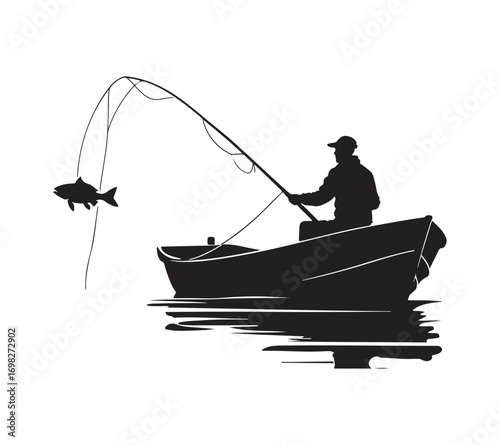 Silhouette of a fisherman in a boat. A black and white vector drawing of a man fishing from a boat. on white