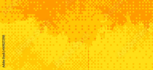 Digital pixel art background features bright orange and yellow tones, with a dynamic grunge texture and a striking gradient effect for a modern, vibrant design
