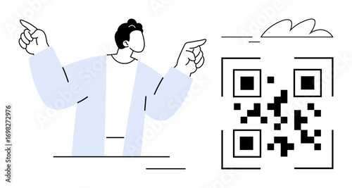 Person pointing towards a bold QR code with a cloud element above. Ideal for technology, innovation, communication, marketing, scanning, business, customer engagement. Simple flat metaphor