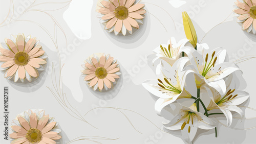 3D Paper Cut White Lilies & Peach Daisies on Elegant Textured Background