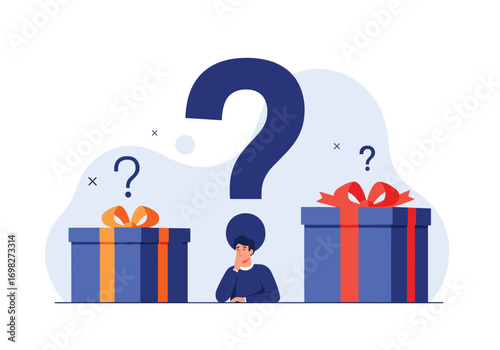 Surprise gift choice confusion and decision making with thoughtful person standing between two presents