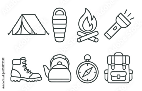 Camping essentials icons: tent, sleeping bag, campfire, flashlight, boots, kettle, compass, backpack