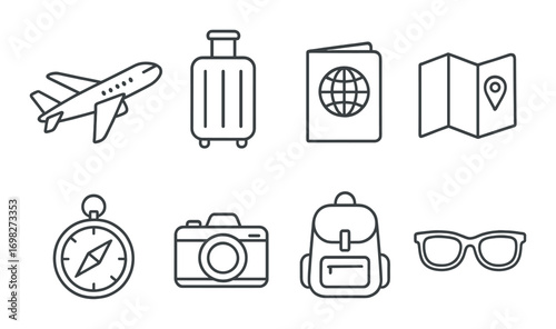 Travel icons: airplane, suitcase, passport, map, compass, camera, backpack, sunglasses