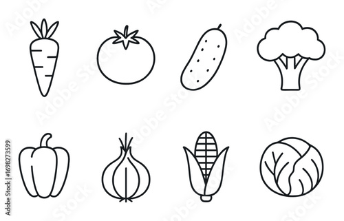 Vector line icons of popular vegetables on black background