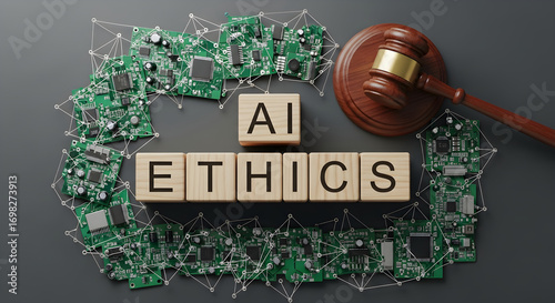 Ai ethics concept with wooden blocks spelling out the words ai and ethics surrounded by electronic circuit boards and a gavel, symbolizing the intersection of artificial intelligence and law