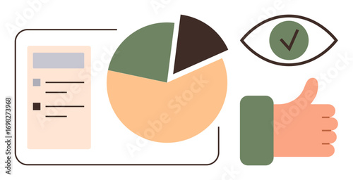 Pie chart with green and orange sections, checklist document, eye with checkmark, and thumbs-up gesture. Ideal for business analytics, data review, teamwork, feedback, evaluation progress tracking