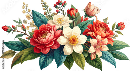 Vintage style tropical flower art. Romantic tropical floral bouquet. Exotic botanical bloom composition. Tropical garden flower illustration. Nature inspired floral arrangement