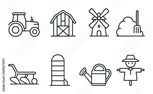 Farm icon set: tractor, barn, windmill, tools, silo, watering can, scarecrow