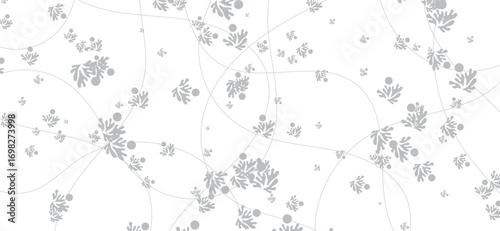 Delicate silver foliage and subtle grey circles float on a bright white backdrop, interconnected by graceful, curved lines, forming a gentle and elegantly refined seamless pattern