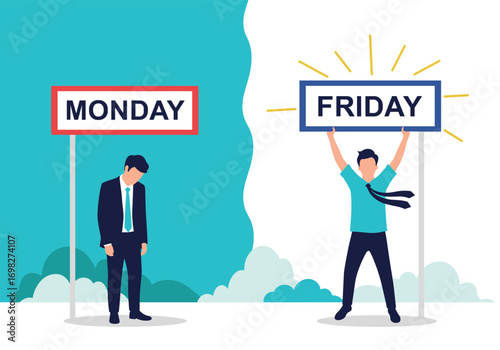 The contrasting emotions of monday morning blues versus friday afternoon excitement in the workplace
