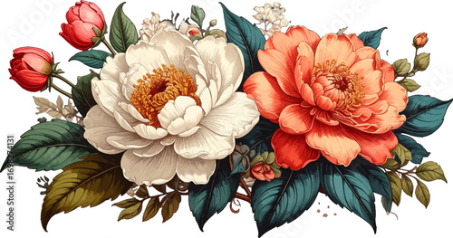 Elegant floral bouquet illustration. Vintage botanical flower artwork. Romantic blooming garden design. Classic watercolor floral pattern. Luxury botanical art composition
