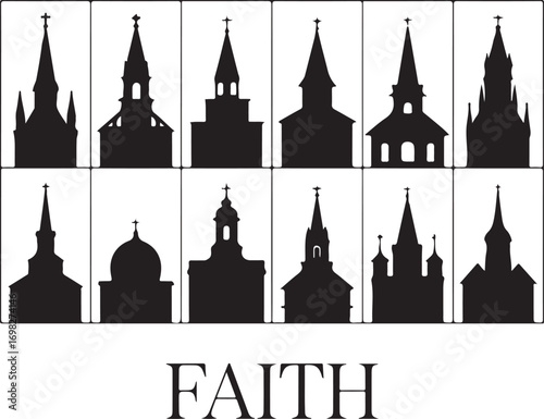 Faith Typography with Church Silhouettes Religious Text Design with Architectural Elements