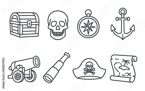 Pirate icons: treasure chest, skull, compass, anchor, cannon, telescope, hat, map