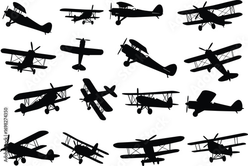 Vintage airplane silhouettes, retro aircraft collection, biplane black outlines, old warplanes, aviation clipart set, flying machines, vector plane illustrations pack