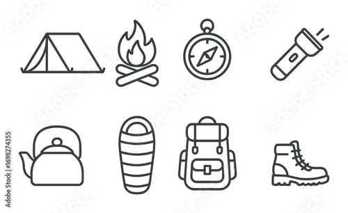 Camping gear icons: tent, fire, compass, flashlight, kettle, sleeping bag, backpack, boot