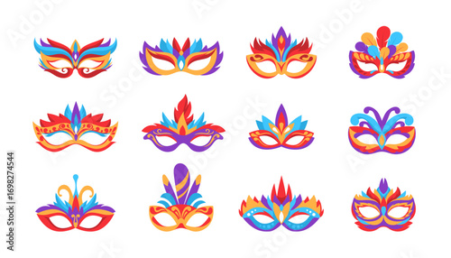 Face carnival mask feathers. Festival purim icons set cartoon stuff. Costume show. Modern flat style design.