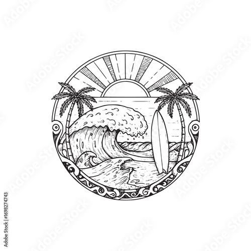 Vintage Hand-Drawn Tropical Beach Scene with Surfboard, Palm Trees, and Ocean Waves
