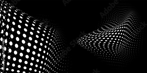 Futuristic abstract design featuring white dot patterns on a black background, creating a stunning 3D optical illusion. The visual evokes a sense of modern digital space, depth,