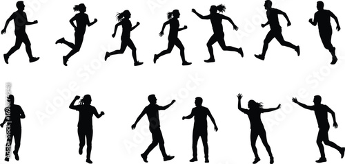 Running silhouette, jogging people, exercise fitness, black shadow, man woman running, outdoor sport, training activity, healthy lifestyle, workout exercise, athlete sprint