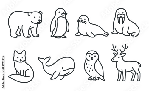 Outline illustrations of eight arctic and forest animals on dark background