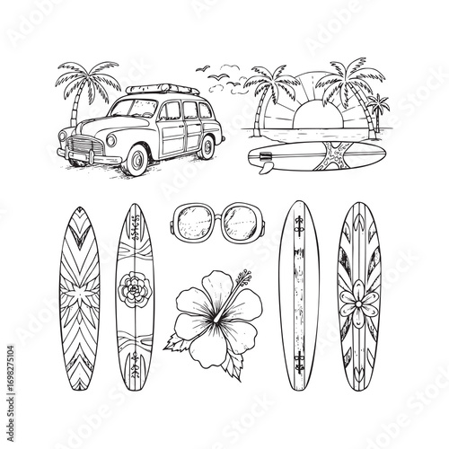 Hand-drawn Collection of Vintage Surf and Beach Holiday Elements in Black and White
