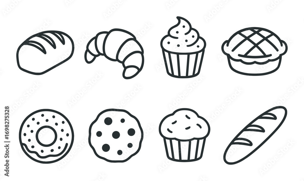 Icons of bread, croissant, muffin, pie, donut, cookie, cupcake, and baguette on gradient background Icons of bread, croissant, muffin, pie, donut, cookie, cupcake, and baguette on gradient background
