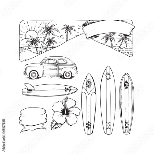 Hand-Drawn Vintage Tropical Beach Travel and Surf Lifestyle Doodle Elements